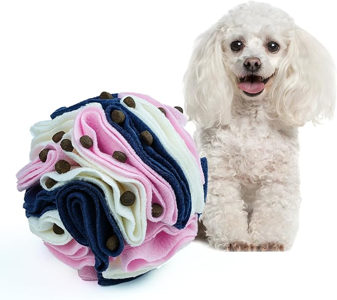 Pet Snuffle Ball, Puzzle Sniffing Interactive Dog Ball for Blind Dogs Training Stress Relief Dog Enrichment Toys Treat Machine Washable (15cm, Classic Pink Blue White)-Mewly Pet