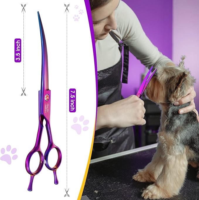 JASON 7.5" Dog Grooming Scissor - Professional Down-curved Shear with Ergonomic Handle Japanese Stainless Steel Trimming Scissor for Dogs, Cats and Other Pets, Sharp (Curved, Purple)-Mewly Pet