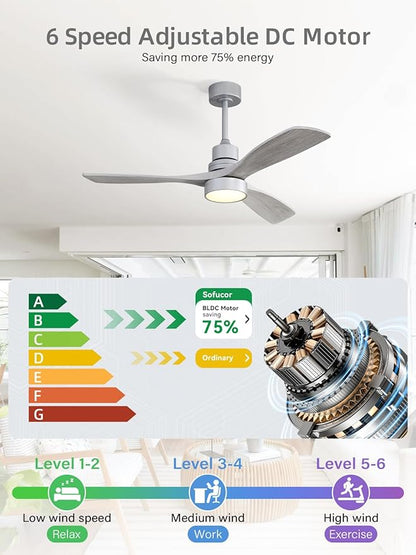 Sofucor Low Profile Ceiling Fan with Lights Remote Control 52 Inch Flush Mount Ceiling Fan Modern Wood Blade Fan for Bedroom Living Room Indoor Outdoor Farmhouse Patio, Noiseless DC Motor