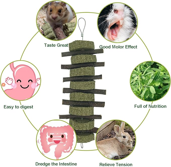 Rabbit Chew Toys for Teeth Grinding Bunny Treats 100% Natural Wood Timothy Grass Treats for Guinea Pigs Chinchillas Hamsters 4pcs-Mewly Pet