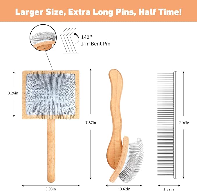 Dog Slicker Brush for Shedding and Grooming Medium or Long Haired Cats, Extra Long & Soft Pin Slicker Brush for Removes Loose Hair, Tangles, Knots, Undercoat, Free Pet Comb, Large, Oak-Mewly Pet