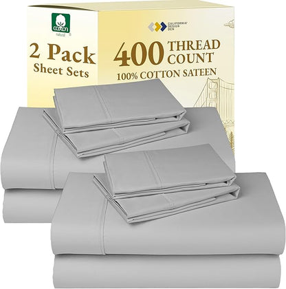 California Design Den 2-Pack Queen Bed Sheets Set - 400 Thread Count 100% Cotton Sateen - Extra Soft, Breathable & Cooling Sheets, Wrinkle Resistant, 2 Sets of Deep Pocket Bed Sheets - Light Grey