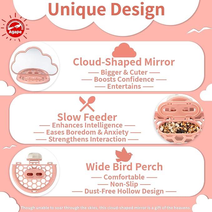 Agape Bird Mirror for Cage， Bird Toys with Perch and Slow Feeder to Expend Energy, Small Parrot Swing, Interactive Toys for Cockatiel, Lovebird, Parakeet, Conure, Finch, and Budgies-Mewly Pet