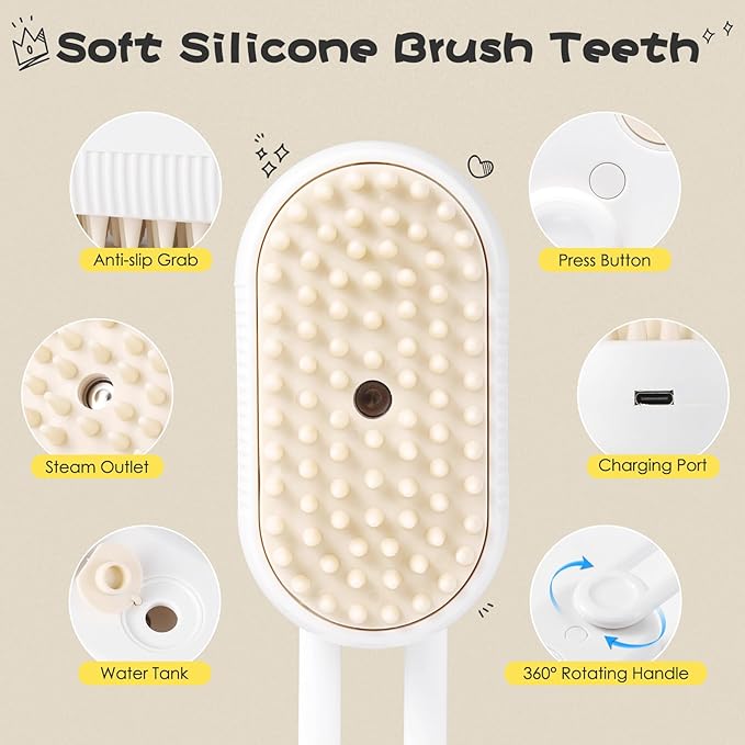 Cat Steam Brush, 3 in 1 Self Cleaning Steamy, Spray Silicone Massage Comb, Hair Removal Tool with Handle Multifunctional Grooming Brush for Cats Dogs-Mewly Pet