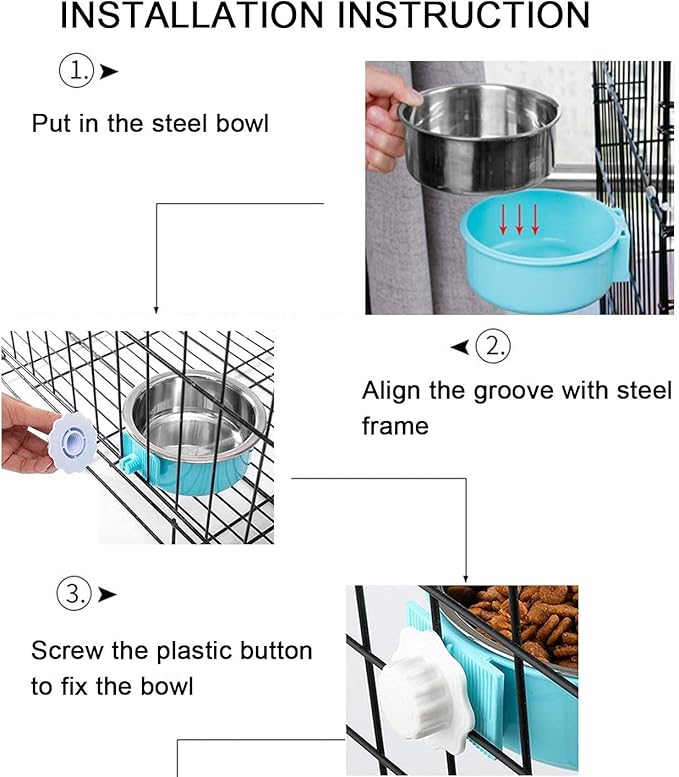 HERCOCCI Dog Crate Bowl, Removable Stainless Steel Pet Kennel Cage Hanging Food Bowls and Water Feeder Coop Cup Prevent Overflow for Puppy, Medium Dog, Cat, Rabbit, Ferret (2PCS)-Mewly Pet
