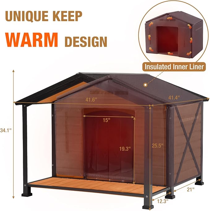 Extra Large Dog House Outdoor & Indoor, Insulated Liner Dog Kennel Weatherproof for Winter, 6 Sides All-Round Foam with Strong Metal Chew Proof Frame, for Small Medium Large Dogs-Mewly Pet