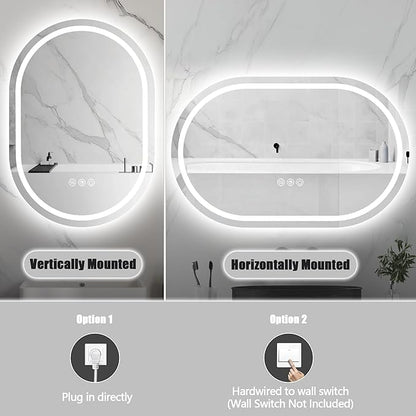 Oval LED Mirror for Bathroom Wall 28 x 40 Inch,Oval Frameless LED Bathroom Vanity Mirror,Lighted LED Mirror with 3 Color Lighting,Dimmable, Anti-Fog(Horizontal/Vertical)