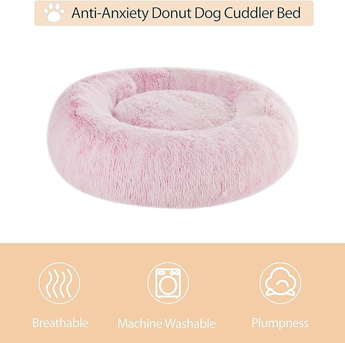 WNPETHOME Calming Dog Bed Cat Bed Donut, Faux Fur Pet Bed Self-Warming Donut Cuddler, Comfortable Round Plush Dog Beds (24 x 24 x 8 Inch, Light Pink)-Mewly Pet