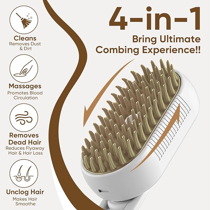 4-in-1 Cat Steam Brush for shedding – Self-Cleaning Comb for Long and Short Hair Cats and Dogs, Steam Pet Brush for Hair Removal, Vibrating Message, Grooming & Relaxation (White)-Mewly Pet