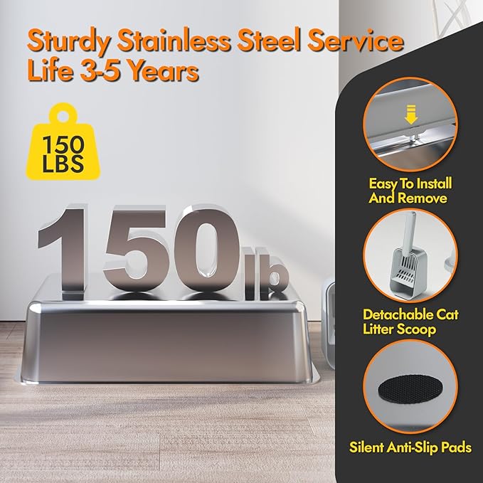 Stainless Steel Cat Litter Box with Lid, 24" L x 16" W x 11.8" H, Large Cat Litter Box for Multiple Cats with High Sided, No-Leak & Stick, Easy to Clean, Includes Litter Mat & Multi Functional Scoop-Mewly Pet