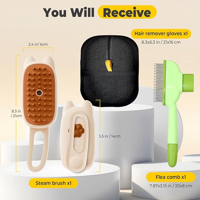 Cat Steam Brush for Shedding, 4 in 1 Rechargeable Steam Brush for Cats and Dogs, Anti-Static, Massage, flea comb for cats& Pet Removal Hair Glove,Shedding & Combing All In One!-Mewly Pet
