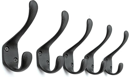 5 Pack Decorative Cast Iron Heavy Duty Double Hooks, Wall Mounted Coat Hooks, Vintage Inspired (Antique Black) (Spoon Hook)