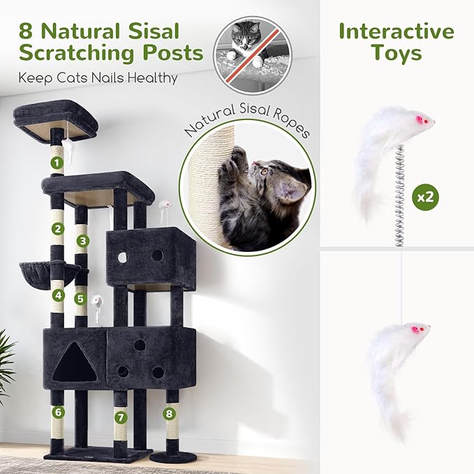 Globlazer Extra Large Cat Tower, 81-inch Tall Cat Tree for Big Cats 20 lbs, XXL Heavy Duty Cat Scratching Tower for Indoor Adult Cats with 3 Cat Condos, 8 Scratching Posts, F81, Dark Grey-Mewly Pet