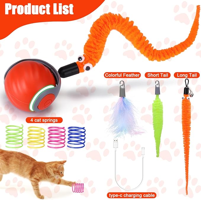 AIERSA Interactive Automatic Cat Toys for Indoor Adult Cats,Self Play Speed Tail Toy with 3 Tails and 4 Springs (Orange)-Mewly Pet