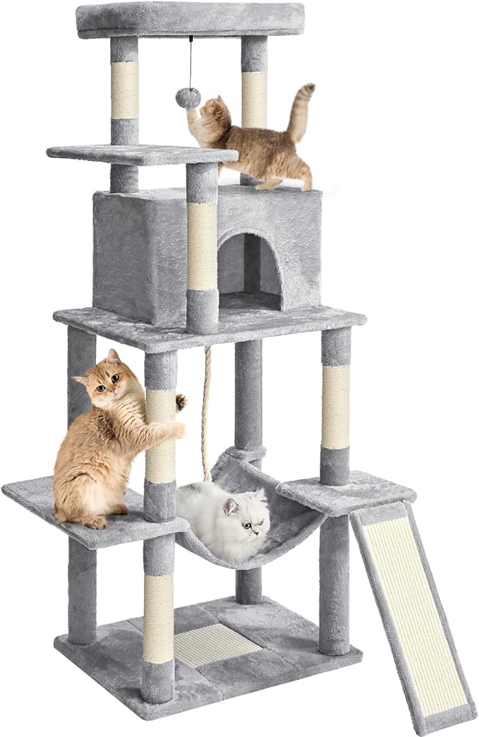 Cat Tree Tower 63in Multi-Level Cat Tower for Indoor Cats with Sisal Scratching Posts, Condo, Hammock, Dangling Ball and Extended Platform for Cats to Play, Light Grey-Mewly Pet