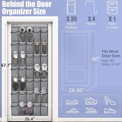 Over the Door Shoe Organizers 35 Mesh Pockets Hanging Shoe Organizer Shoe Rack for Closet Entryway Bedroom Bathroom Pantry Shoe Holder for Sneakers, High Heeled Shoes, Flip Flops (Gray 67.7” × 26.4”)