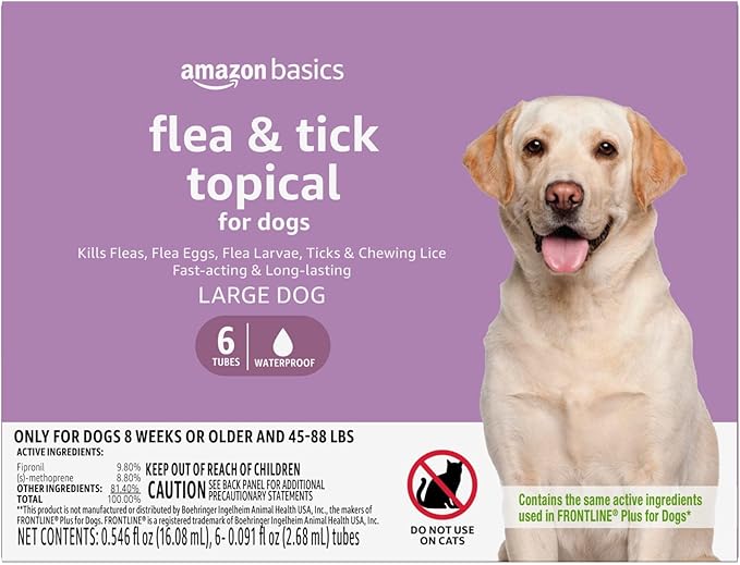 Amazon Basics Flea and Tick Topical Treatment for Large Dogs (45-88 lbs), Unscented, 6 Count (Previously Solimo)-Mewly Pet