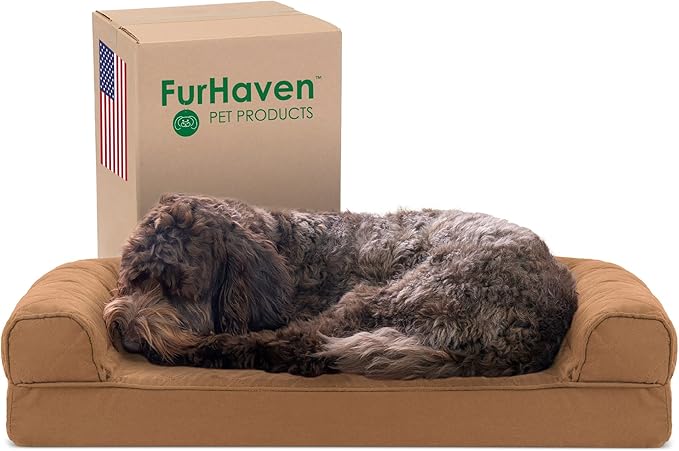 Furhaven Cooling Gel Dog Bed for Medium/Small Dogs w/ Removable Bolsters & Washable Cover, For Dogs Up to 35 lbs - Quilted Sofa - Toasted Brown, Medium-Mewly Pet