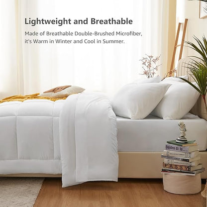 CozyLux Queen Comforter Set White, 7 Pieces Bed in a Bag, White Comforter Queen Size, All Season Bedding Sets with Stitch Quilted Comforter, Flat Sheet, Fitted Sheet, Pillowcases