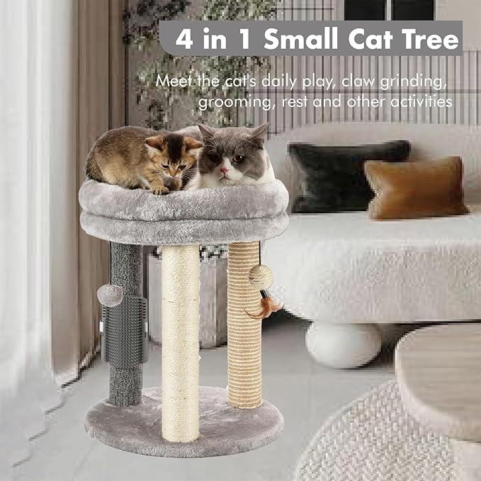MECOOL 4in1 Small Cat Tree,Scratching Post with Tower Soft Bed, Sisal Carpet Jute Posts with Three Hanging Ball Toys and Massage Brush for Indoor Cats and Kittens-Mewly Pet