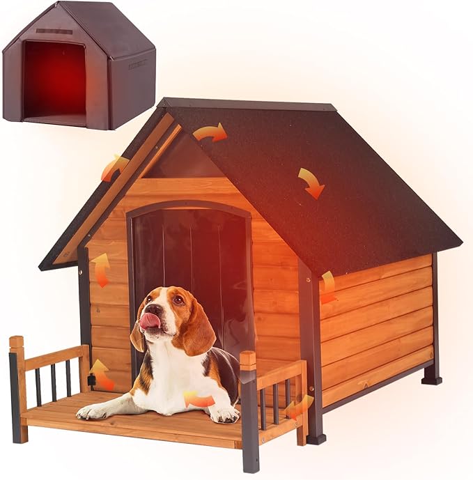 Large Dog House Outdoor Insulated Weatherproof Dog Kennel with Insulated Liner, Dog Shelter for Large Breed with Anti-Chewing Iron Fram and Porch (Brown, 50.9" D x 37.4" W x 37.2" H)-Mewly Pet