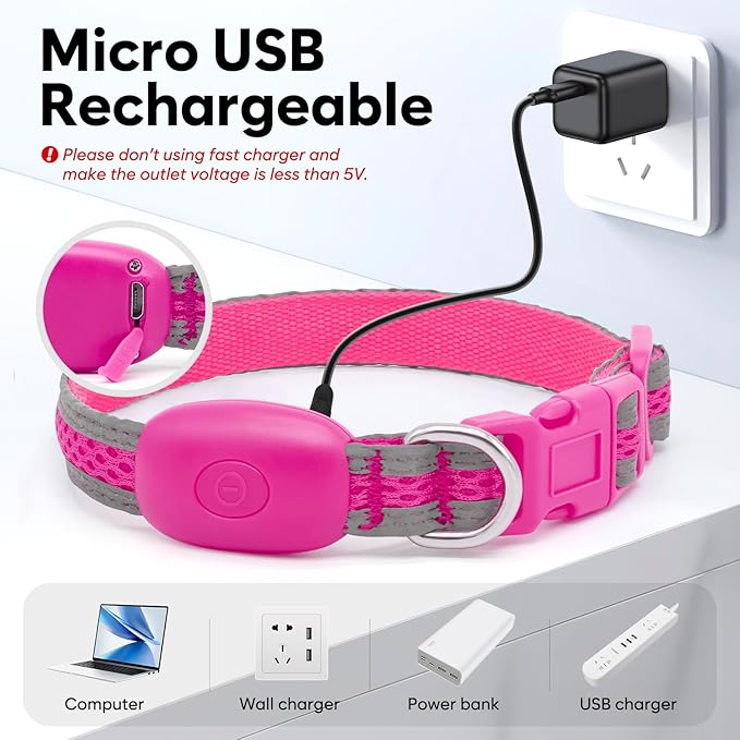 Flashseen LED Cat Collar,Light Up Dog Collar Rechargeable, Dog Lights for Night Walking, Comfortable Soft Mesh Pet Collar Adjustable for Cats Puppy and Small Dogs(Pink, XS)-Mewly Pet