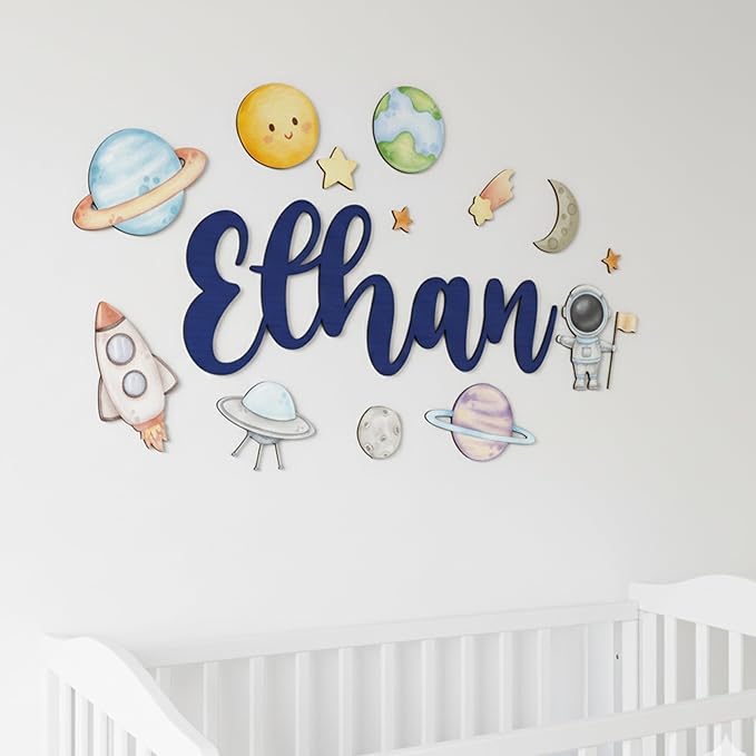 Custom Nursery Name Sign with Themed Decor Kit | Personalized Wooden Wall Art for Baby, Kids Room | Space, Jungle, Circus, Under the Sea, Woodland, Rainbow (40", Space)