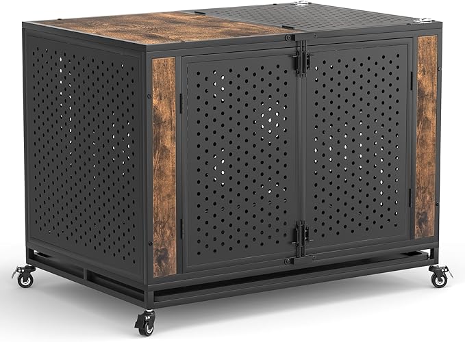 42" Heavy Duty Dog Crate Furniture for Large and Medium Dogs, Enclosed Design with 0.5 inch Holes, Indestructible Metal Kennel for High Anxiety Dogs, Chew Proof Pet House Cage Indoor, Brown-Mewly Pet