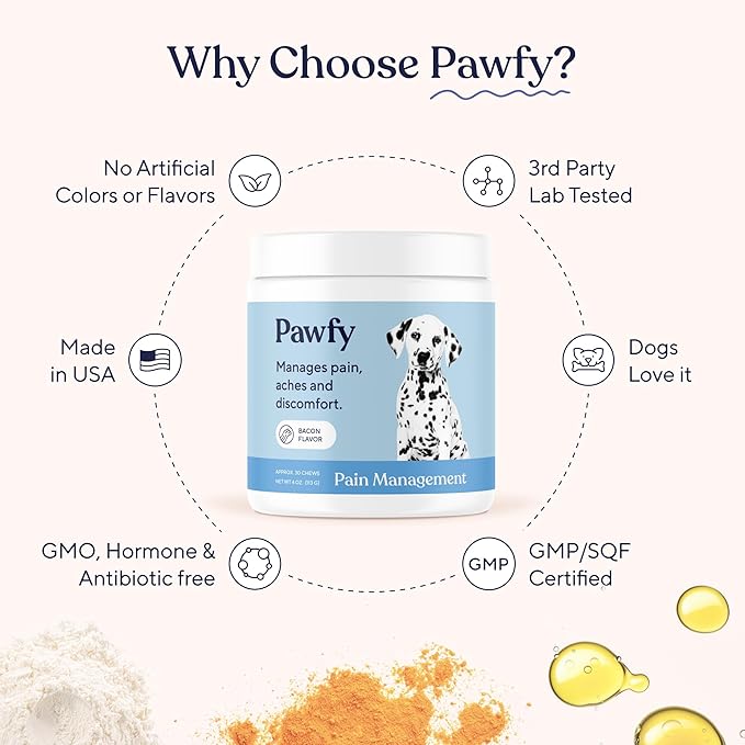 Pawfy Advanced Pain Management - Essential Vitamins & Supplements with Omega 3 |Joint Supplement for Dogs - Supports Hip & Joint Health for Small, Medium, Large Breeds | 30 Fast-Acting Chews-Mewly Pet