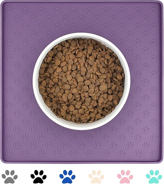 Ptlom Dog Food Mat Anti-Slip Bowl Mats for Food and Water, Waterproof Silicone Pet Placemat with High Raised Edges, Non-Slip Puppy Feeding Tray for Small, Medium Large Cats Dogs, Purple, 11.8"x11.8"-Mewly Pet