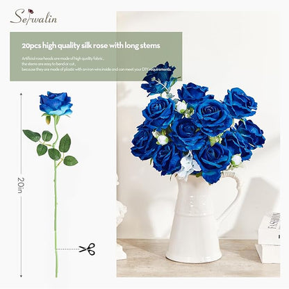 Serwalin 20pcs Artificial Roses, 4'' Big Flower Head, Blue Velvet Roses, Silk Fake Roses Long Stem Bouquet for and Wedding Arrangements Table Centerpiece