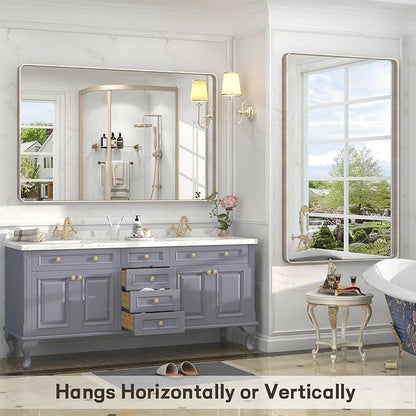48x30 Inch Brushed Nickel Bathroom Mirror, Large Brushed Silver Metal Framed Wall Mirror, Rounded Corner Rectangle Modern Vanity Mirror, Tempered Glass, Anti-Rust, Shatterproof (Horizontal/Vertical)