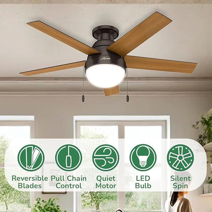 Hunter 59268 Anslee Indoor Low Profile Ceiling Fan with LED Light and Pull Chain Control, 46", Brown