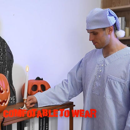 Toulite 4 Pcs Men's Pajama Set Includes Men's Nightshirt Night Sleeping Cap Candle Holder and Candle for Halloween Christmas(2x-large)