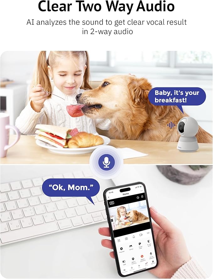 Hugolog 3K 5MP Indoor Pan/Tilt Security Camera with Auto-Focus,2.4 GHZ/5 GHZ,Ideal for Baby Monitor/Pet Camera,Starlight Color Night Vision,Human/Pet AI,Noise Reduction,US Cloud,Works with Alexa-Mewly Pet