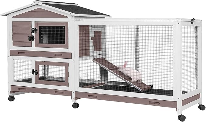GUTINNEEN Rabbit Hutch with Chew-Resistant Ramp Indoor Bunny Cage Outdoor Guinea Pig Cage with Wheels and Leakproof Tray-Mewly Pet