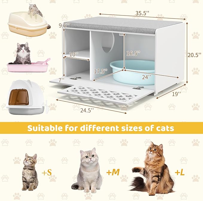 Tangkula Cat Litter Box Enclosure, Hidden Litter Box with Removable Cushion & Flip-Down Opening, Multifunctional Storage Cabinet Bench, Modern Litter Box Furniture Fits Most Litter Box (White)-Mewly Pet