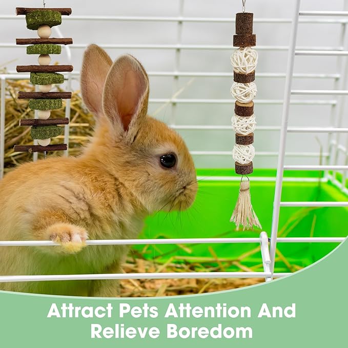 WDEFUN 3 PCS Bunny Chew Toys, Natural Hanging Rabbit Chew Toy Treats for Guinea Pigs Hamsters Gerbils Chinchilla and Other Small Pets for Teeth Grinding-Mewly Pet