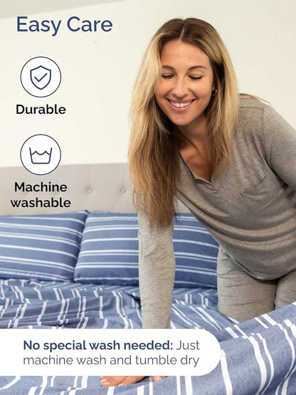 Extra Deep Queen Sheet Set - 6 Piece Breathable and Cooling Sheets - Hotel Luxury Bed Sheets Set - Easy Fit - Soft, Wrinkle Free and Comfy Sheets Set - Blue Striped Sheet Set with Extra Deep Pockets