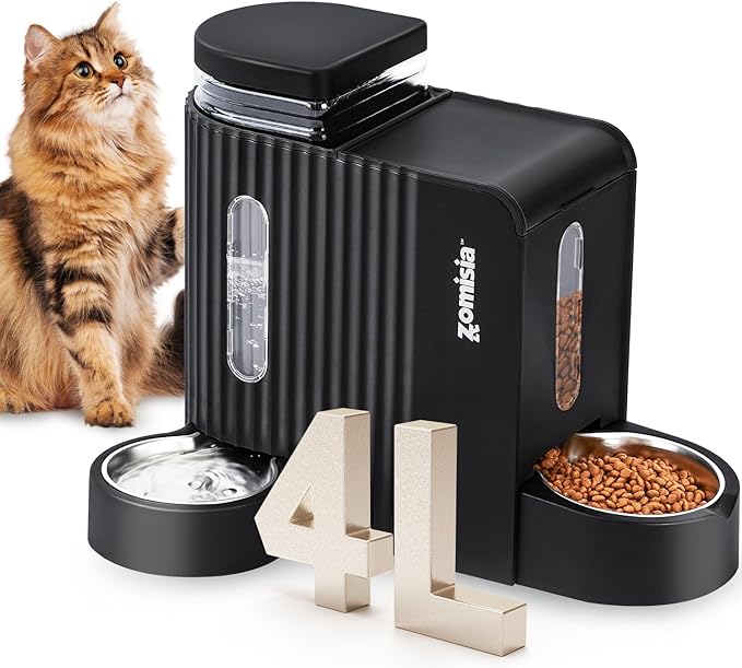Gravity Cat Feeder and Water Dispenser with 304 Stainless Steel Bowls, 2 in 1 Automatic Cat Feeder with 180 Degree Rotatable Water Bowl, Large Capacity for Puppy Kitten Rabbits, Black-Mewly Pet
