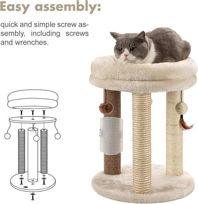 MECOOL 4in1 Small Cat Tree,Scratching Post with Tower Soft Bed, Sisal Carpet Jute Posts with Three Hanging Ball Toys and Massage Brush for Indoor Cats and Kittens-Mewly Pet