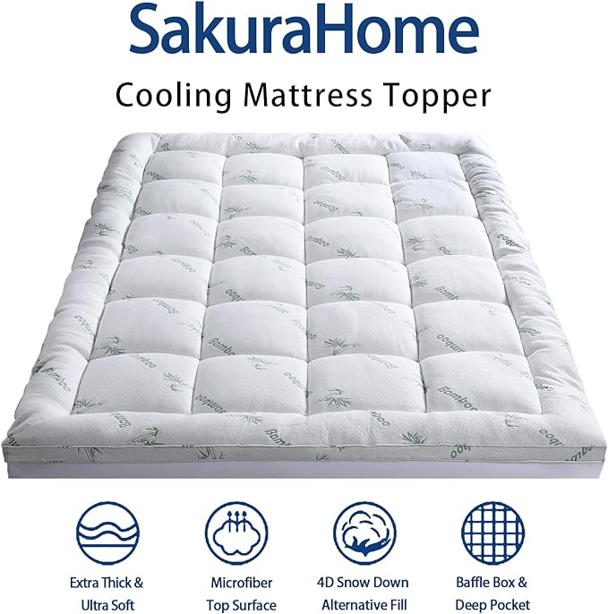Mattress Topper California King Size, Cooling Extra Thick Breathable Viscose Made from Bamboo Mattress pad, Soft Quilted Fitted Mattress Cover with 1000 GSM Down Alternative Fill (8-21”Deep Pocket)