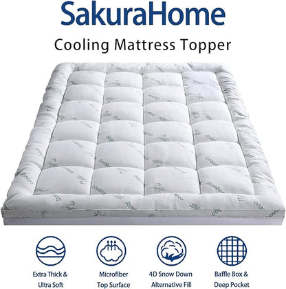 Mattress Topper California King Size, Cooling Extra Thick Breathable Viscose Made from Bamboo Mattress pad, Soft Quilted Fitted Mattress Cover with 1000 GSM Down Alternative Fill (8-21”Deep Pocket)