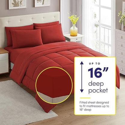 Sweet Home Collection 5 Piece Comforter Set Bag Solid Color All Season Soft Down Alternative Blanket & Luxurious Microfiber Bed Sheets, Red, Twin (Pack of 4)
