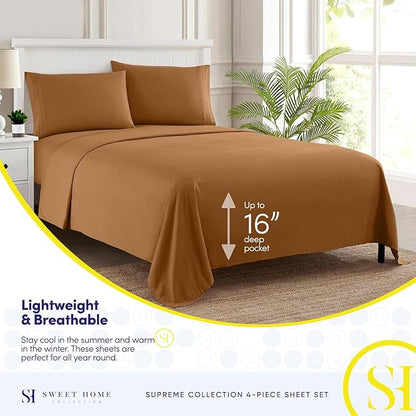 Queen Size Bed Sheets - Breathable Luxury Sheets with Full Elastic & Secure Corner Straps Built In - 1800 Supreme Collection Extra Soft Deep Pocket Bedding Set, Sheet Set, Queen, Mocha