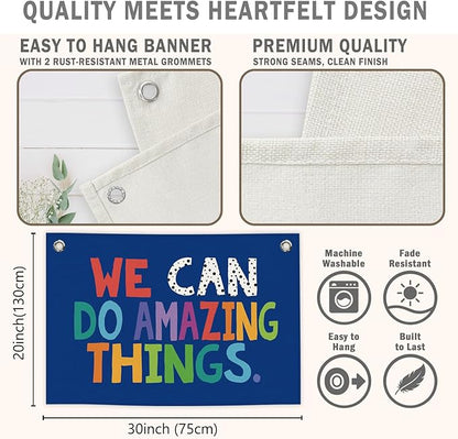 We Can Do Amazing Things Kids Banner Canvas, Classroom Blue Toddler Room Decor, Inspirational Hanging Flag Sign, Nursery Wall Tapestry Art for Playroom School Counseling Office Boy 20x30in