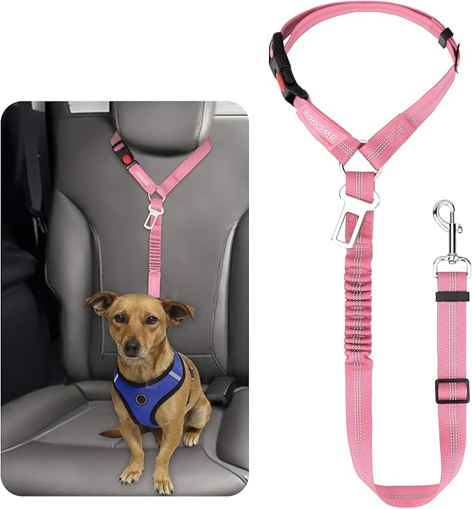 BWOGUE Pet Dog Cat Seat Belt Reflective Car Dog Headrest Restraint Leash Elastic Buffer Bungee Adjustable Tangle-Free Safety Leads Vehicle Seatbelt Harness for Small, Medium and Large Dogs (1 Pack)-Mewly Pet