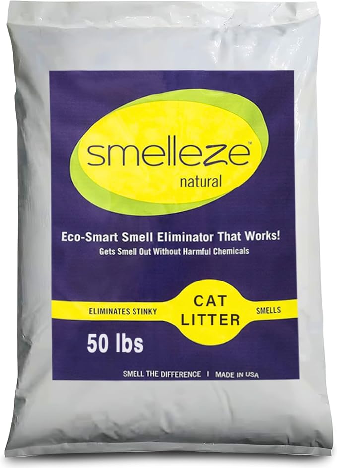 SMELLEZE Natural Cat Litter Smell Eliminator Deodorizer Additive: 50 lb. Rids Strong Urine & Poop Stench. Change Kitty Box Litter Less. Safe for Cats. Unscented-Mewly Pet
