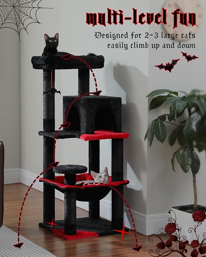 Gothic Cat Tree with Super Large Hammock, 45.7" Black Cat Tower with Coffin Bed, Cat Condo, Sisal Scratching Posts & Top Perch, Multi-Level Goth Cat Tree, Halloween, Black-Mewly Pet