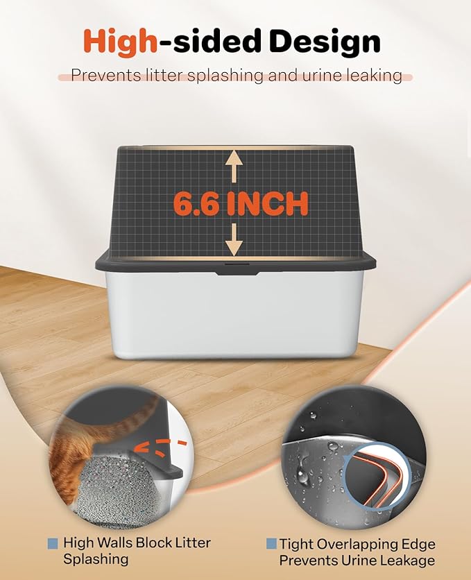 Stainless Steel Litter Box with Lid, 23.5" L x 15.8" W x 12.6" H, XL Metal Cat Box for Big Cats, High Sided Kitty Litter Box with Scoop & Pee Pads, Non-Sticky, Anti-Leakage, Easy to Clean (Black)-Mewly Pet